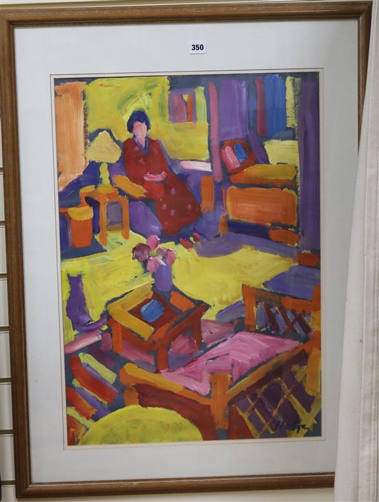 Anthony Hodge (1948-2009), interior scene with a seated woman and a cat, 68.5 x 48cm